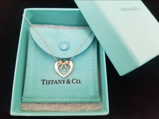 Tiffany & Co. 18k & 925 Vintage Heart Ribbon Pendant Necklace